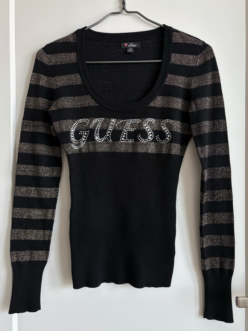 Guess Black & Gold Striped Sweater with Rhinestone Lettering